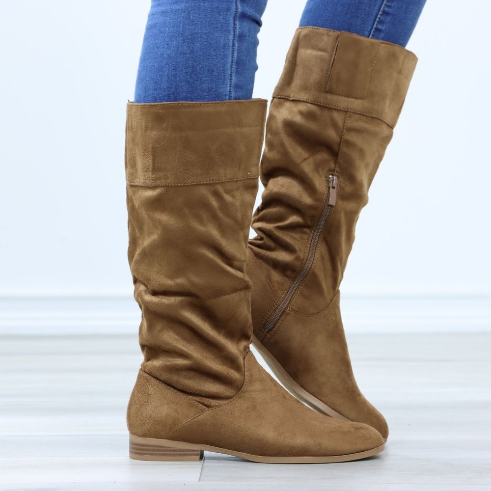 Tan Low Heel Boots Round Toe Above Ankle Mid-Calf Booties Faux Suede - Picture 3 of 12